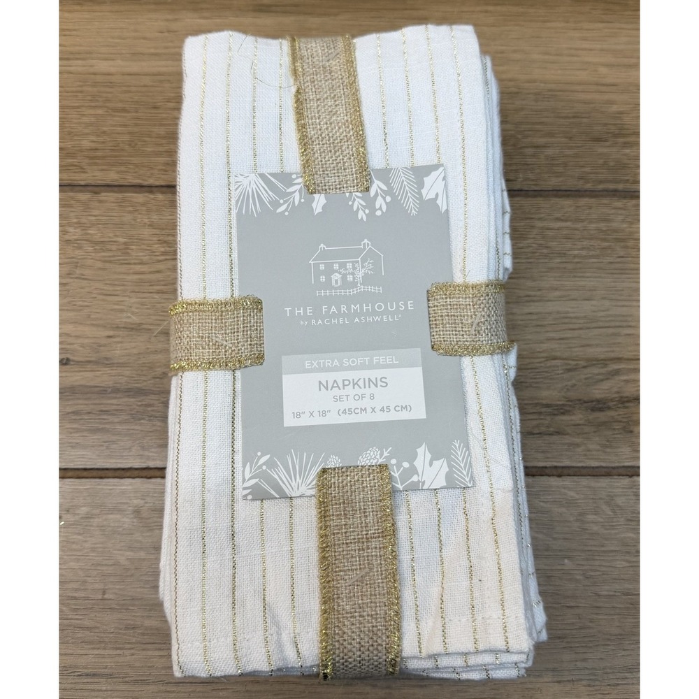 The Farmhouse Rachel Ashwell 8 Pc Cloth Napkins White Gold Metallic Stripe 18x18